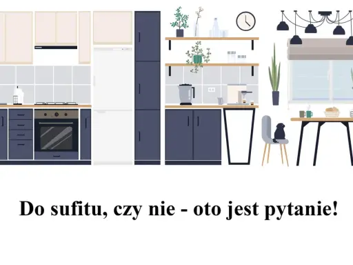 Nowoczesna kuchnia z ciemnogranatowymi szafkami i jasnymi frontami. Zastanawiasz się nad wymiarami szafek kuchennych wiszących?