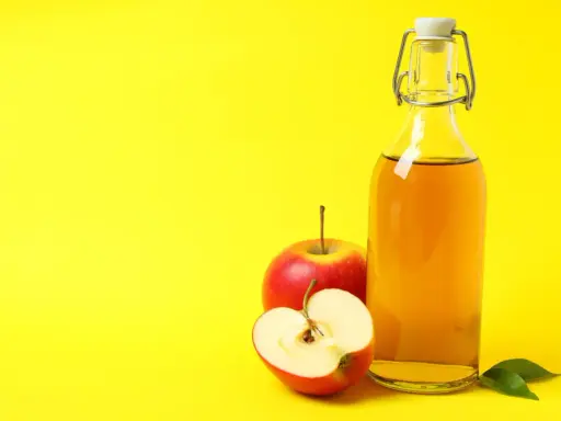 Bouteille de vinaigre de cidre et pommes rouges, un remède naturel pour l'urticaire.