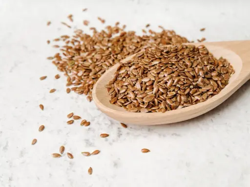 Łyżka pełna siemienia lnianego, idealnego dla zdrowia psa. Te małe nasionka to bogactwo kwasów omega-3.