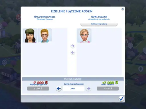 Interfejs gry The Sims 4 pokazuje opcje dzielenia i łączenia rodzin. Można tu zobaczyć, jak edytować parcele w The Sims 4, przenosząc Simów i fundusze między rodzinami.