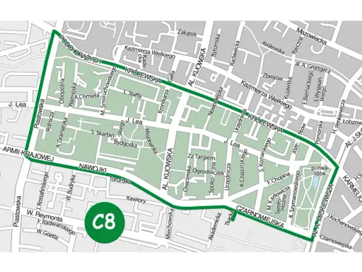 Mapa wyznacza krakowskie strefy parkingowe, w tym obszar C8.