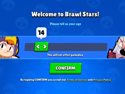 Pantalla de bienvenida de Brawl Stars pidiendo la edad, con la opción de 14 años seleccionada. La brawl stars edad recomendada se muestra para que el jugador la confirme.