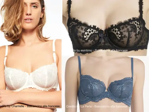 Modelli di reggiseno a balconcino in pizzo bianco, nero e blu.