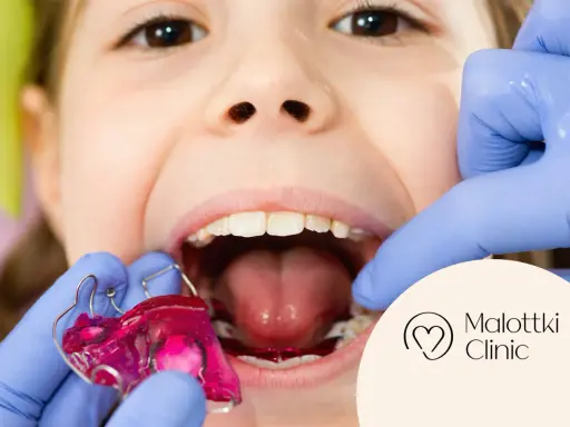 Uśmiechnięte dziecko z różową płytką Hawleya w ustach, przygotowywaną przez dentystę w rękawiczkach.