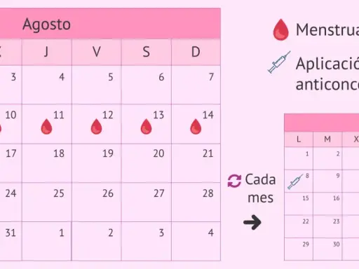 Calendario de agosto y septiembre con gotas rojas para menstruación y jeringa para anticonceptivos inyectables.