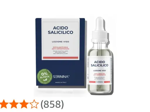 Lozione viso con acido salicilico, esfoliante BHA anti-imperfezioni, 0% alcool. Flacone con contagocce e scatola.