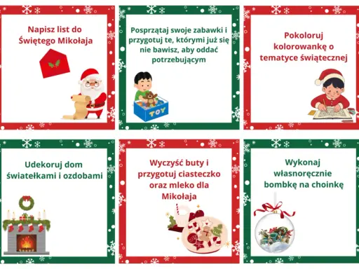 Świąteczny kalendarz dla dzieci do druku z zadaniami: napisz list, posprzątaj, pokoloruj, udekoruj, przygotuj ciastka i zrób bombkę.