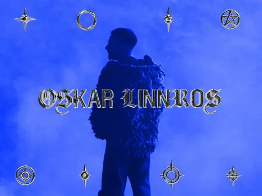 Oskar Linnros konsert. En artist i en fluffig jacka mot en blå bakgrund med symboler.