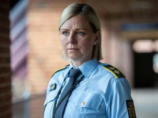 En kvinna i uniform från uniformen serie, med blå skjorta och slips, blickar ut.