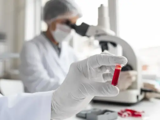 Ręka w rękawiczce trzyma probówkę z krwią do badania BNP. W tle naukowiec pracuje przy mikroskopie.