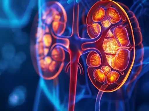 Anatomia nerki, która filtruje krew. Widok przekroju przez organy, podkreślający ich wewnętrzną strukturę.