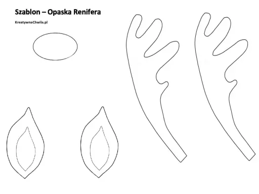 Szablon opaski renifera: rogi renifera do druku, owal i dwa płatki.