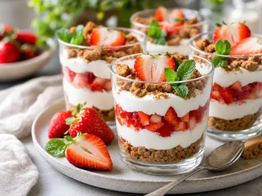 Délicieuse verrine fraise sans mascarpone, superposant fruits rouges, crème légère et crumble croustillant. Parfait pour un dessert frais et fruité.