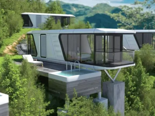 Modernas casas cápsula con piscinas privadas se integran en un paisaje montañoso verde.