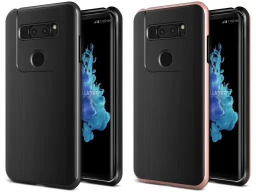 Dwa etui LG V30: czarne z teksturą i różowe ze złotą ramką. Oba z wycięciami na aparat i czytnik linii papilarnych.