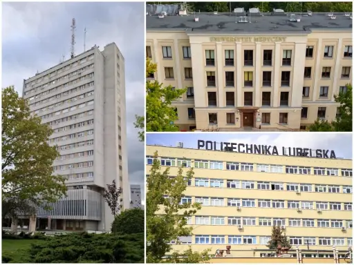 Lublin uczelnie: Uniwersytet Medyczny i Politechnika Lubelska, a także wysoki budynek UMCS.
