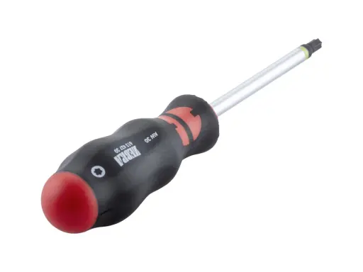 Destornillador Torx con mango ergonómico negro y rojo, parte de los diversos tipos de destornilladores.
