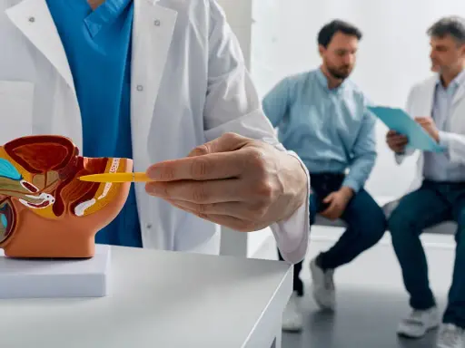 Lekarz pokazuje na modelu prostatę, omawiając jej wielkość i potencjalny guz. Dwóch mężczyzn w tle rozmawia.