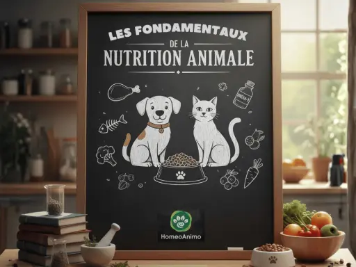 Tableau noir sur la nutrition animale, avec un chien et un chat devant un bol de croquettes. Idéal pour un repas pour chien équilibré.