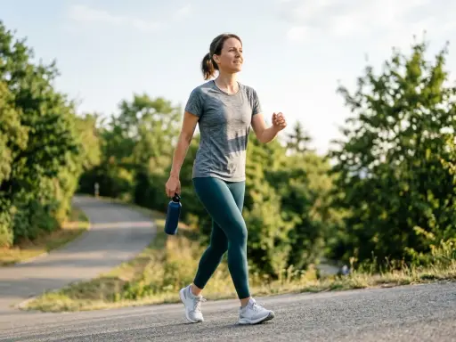 Frau genießt **incline walking** auf einem asphaltierten Weg, umgeben von grünen Bäumen. Sie hält eine Wasserflasche in der Hand.