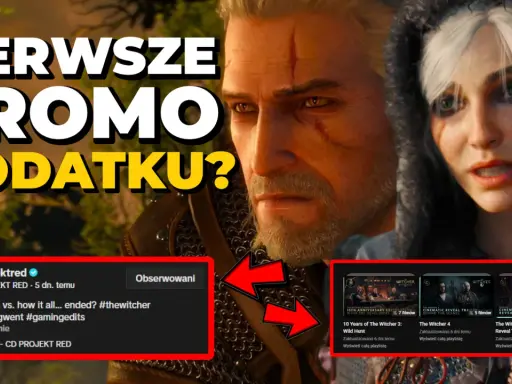 Geralt i Ciri z Wiedźmina 3 na tle tekstu "Pierwsze promo dodatku?". Pod spodem materiały wideo, w tym zwiastun Wiedźmin 4.