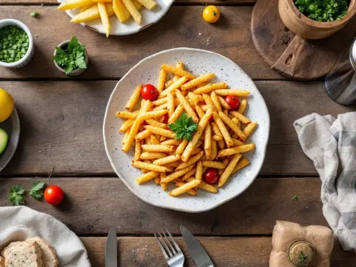En tallrik med pommes frites, körsbärstomater och persilja. Enkel och billig mat som passar alla.