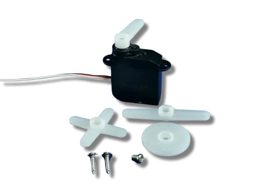 Ein d47 Servo mit Kabel und verschiedenen weißen Anbauteilen wie Propeller und Schrauben.