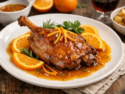 Pechuga de pato a la naranja, glaseada y dorada, servida con rodajas de naranja fresca y romero.