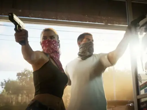 Para z pistoletami, w chustach na twarzach, gotowa na akcję w GTA 6 PC.