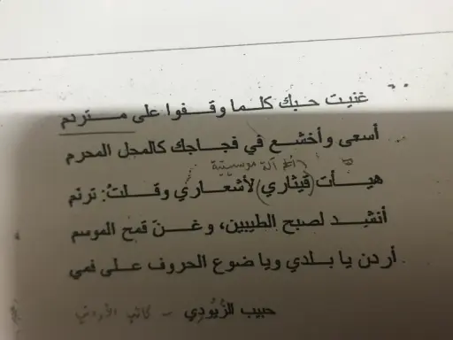 Arabische Gedichte auf einer Seite. Ein Vers lautet: "Ich sang deine Liebe, wann immer sie auf einem Hügel standen.