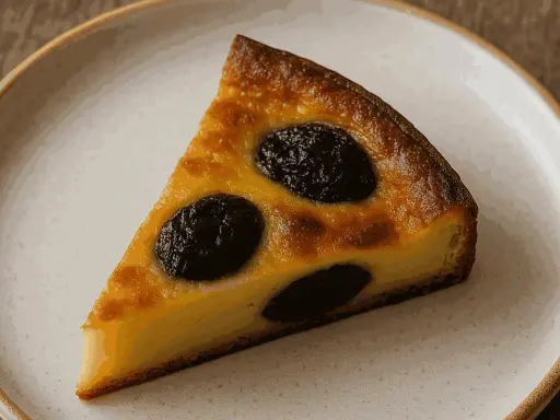 Tranche de far breton, un gâteau moelleux aux pruneaux, sur une assiette blanche.