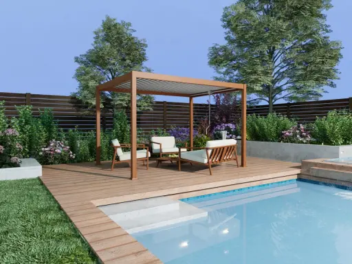 Une belle pergola en bois domine une terrasse en bois, invitant à construire une ambiance de détente près de la piscine.