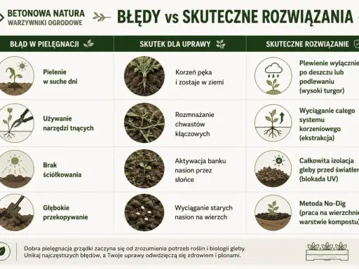 Skuteczne zwalczanie chwastów: plewienie po deszczu, wyciąganie całych korzeni, izolacja gleby UV i metoda No-Dig. Unikaj błędów w pielęgnacji.