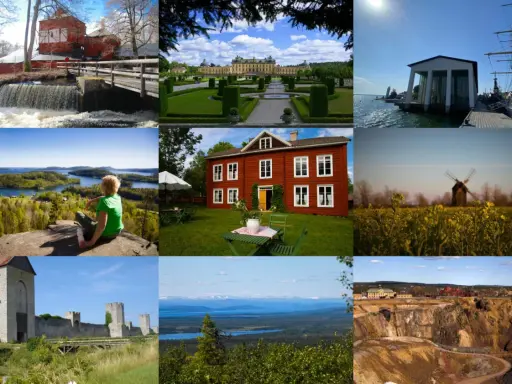 En mosaik av Sveriges världsarv: en röd kvarn, Drottningholms slott, ett marinmuseum, en sjöutsikt, ett rött hus, en väderkvarn, Visby ringmur, ett fjällandskap och en gruva.