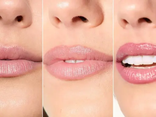 Tres looks de maquillaje de labios: nude, rosa pálido y rosa brillante.