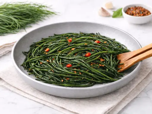 Agretti in padella, un contorno fresco e saporito, condito con aglio e peperoncino.