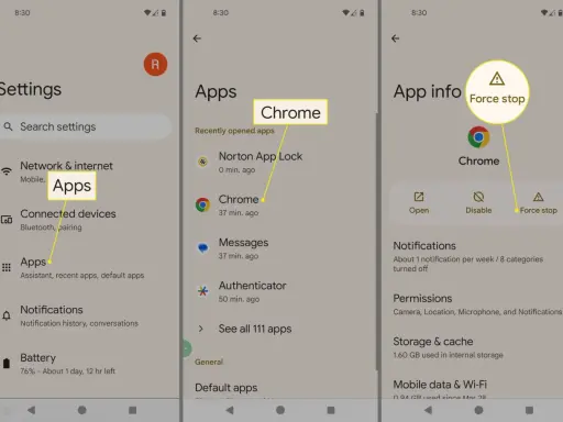 Android-Virus Warnung entfernen: Chrome-App erzwingen. Einstellungen > Apps > Chrome > "Erzwingen beenden".