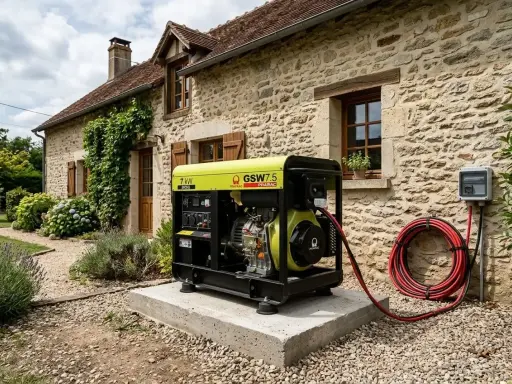 Un groupe électrogène Pramac GSW7.5, idéal pour savoir quel groupe électrogène choisir pour alimenter une maison, est installé près d'une bâtisse en pierre.