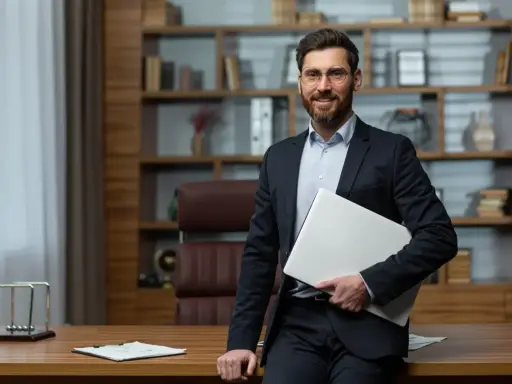 Uśmiechnięty dyrektor szkoły w garniturze, trzymający laptopa, stoi przy biurku w gabinecie z regałami pełnymi książek.
