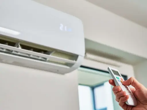 Mano ajustando el aire acondicionado a la temperatura ideal para ahorrar energía. La unidad muestra 21 grados.