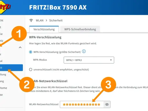 Das Bild zeigt die Einrichtung eines WPA2-Passworts für ein FRITZ!Box WLAN. Hier wird erklärt, was ein WPA2-Passwort ist und wie man es festlegt.