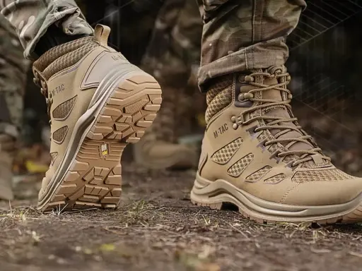 Na nogach widać najlepsze buty taktyczne M-Tac. Solidna podeszwa i wytrzymałe materiały zapewniają komfort w trudnym terenie.
