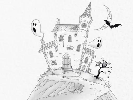 Jak narysować halloween: nawiedzony dom, dwa straszne duszki, nietoperz i księżyc.