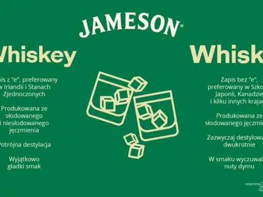 Jak się pisze whisky? Porównanie Whiskey (Irlandia, USA) i Whisky (Szkocja, Japonia, Kanada). Dwa kieliszki z lodem.