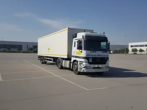 Camión articulado blanco en un aparcamiento vacío. El camión tiene un cartel que dice "CENTRO DE FORMACIÓN VÍA", indicando que es para obtener el carnet C+E.