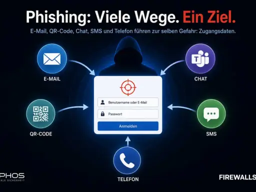 Schutz vor **Smishing und Phishing**: E-Mail, QR-Code, Chat, SMS und Telefon sind Wege für Cyberkriminelle, an Ihre Zugangsdaten zu gelangen. Ein Ziel: Ihre Daten.