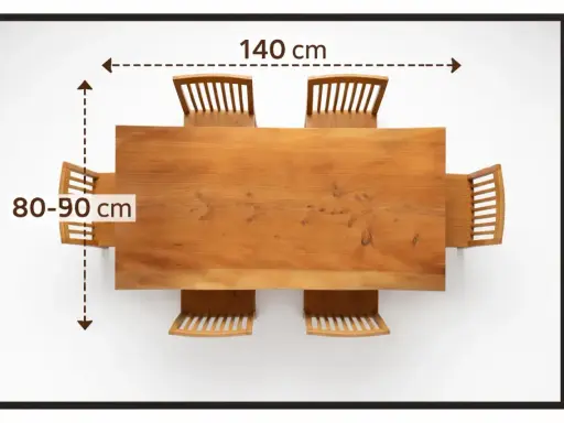 Vista aérea de mesa de comedor de madera con seis sillas. Muestra el espacio alrededor de la mesa, indicando 140 cm de largo y 80-90 cm de ancho.