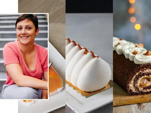Pâtissière souriante à côté de desserts élégants, dont une bûche au chocolat et une création blanche texturée, évoquant un croustillant pour buche parfait.