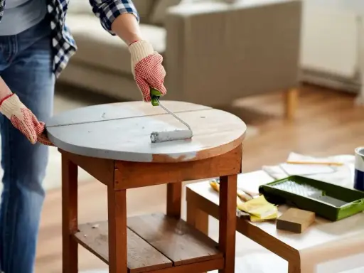 Une personne en jean et chemise à carreaux, portant des gants, utilise un rouleau pour appliquer une peinture grise sur une table ronde en bois. Le **décapage bois** est en cours pour un relooking.