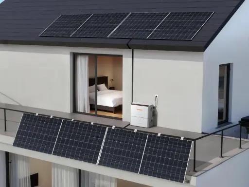 Panneaux solaires plug and play avis : une maison moderne avec des panneaux sur le toit et la terrasse, connectés à une batterie Jackery.
